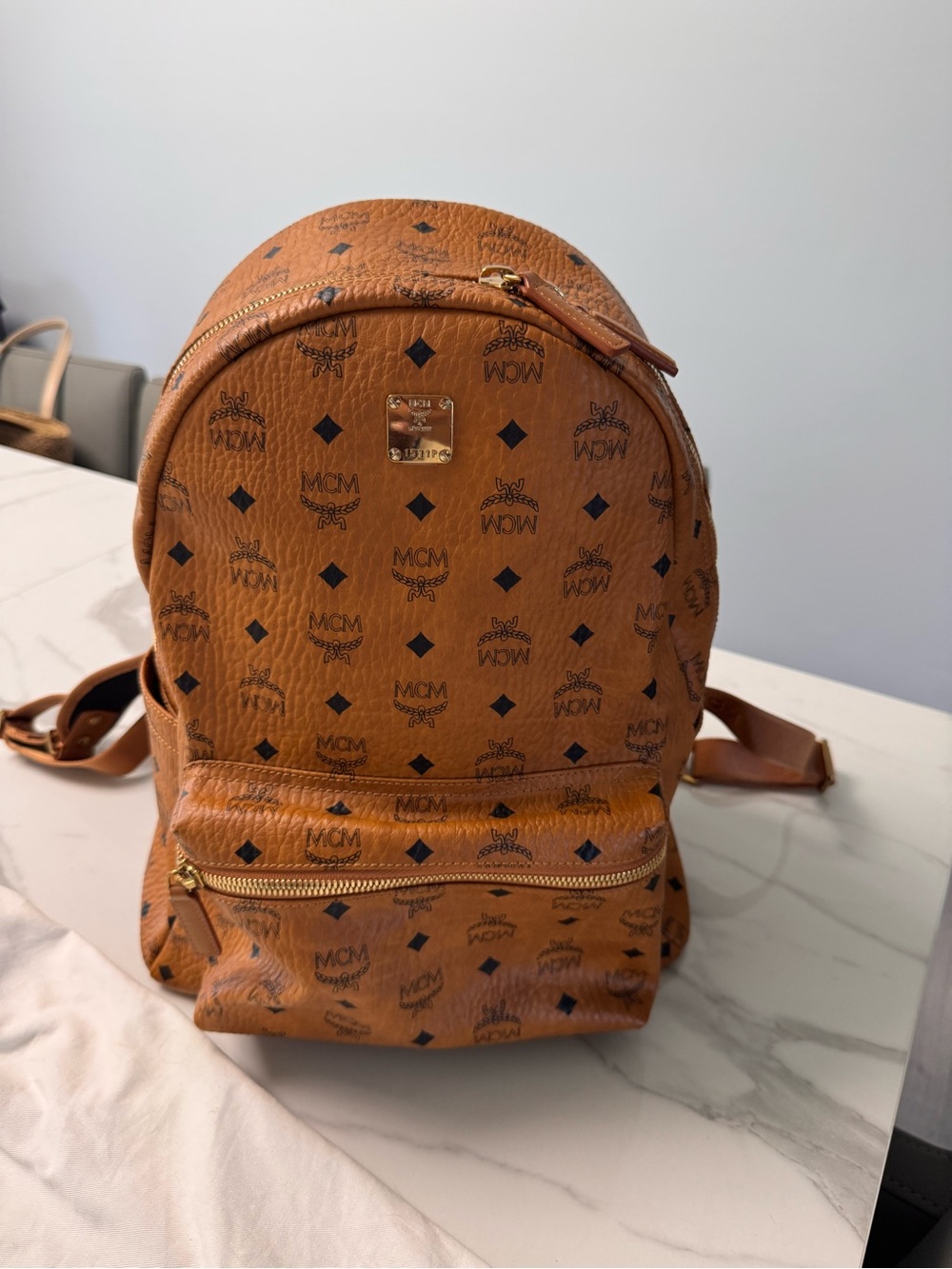 MCM Cognac Logo Print Backpack with Gold Hardware